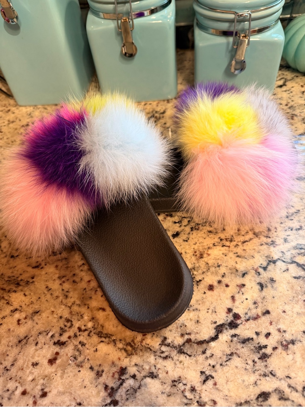 Colorful Multicolor Fur Pom Slide Sandals